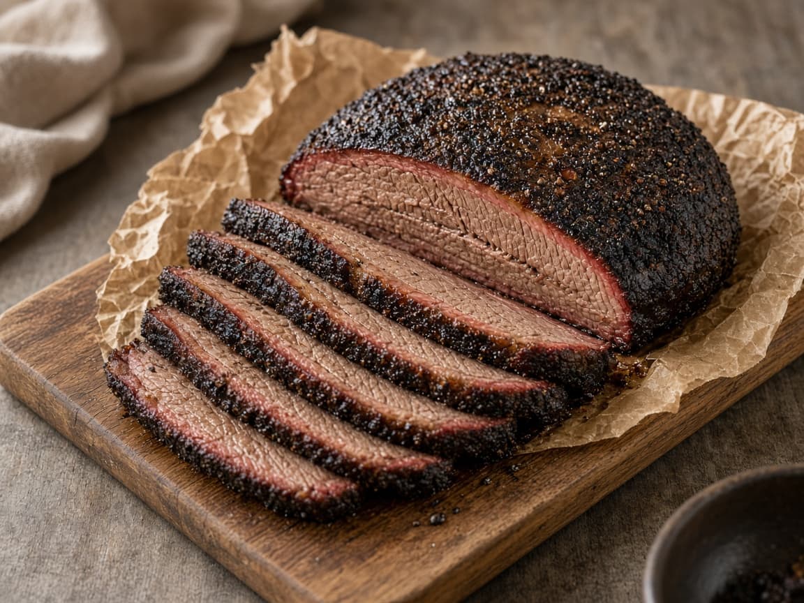 Skiver af smoked beef brisket med rød røgring