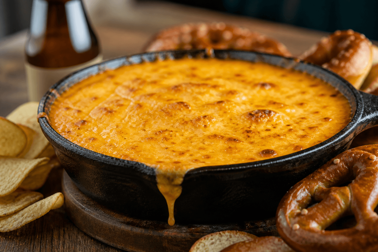 Smoked beer cheese dip i støbejern med chips