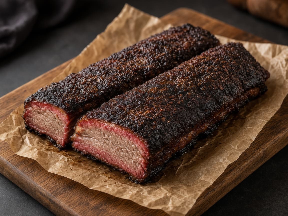 Smoked dino ribs med mørk bark på okseben