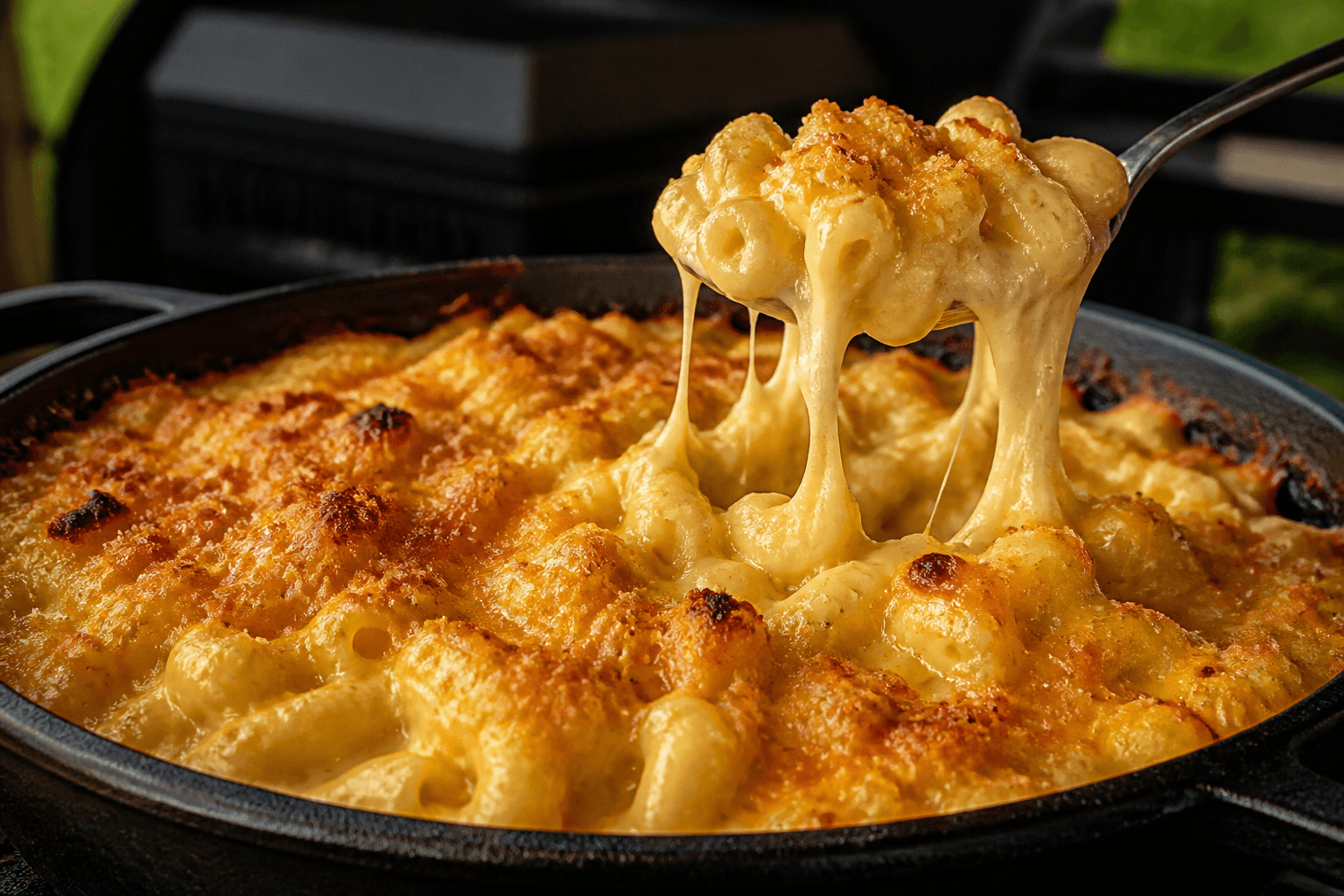 Smoked mac and cheese i støbejern med stræk-ost