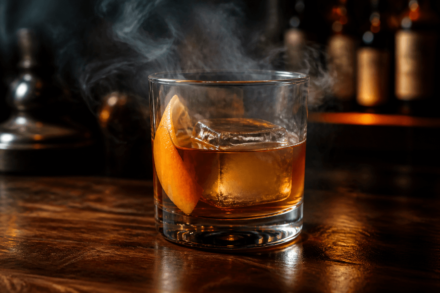 Smoked Old Fashioned med is og appelsinskal