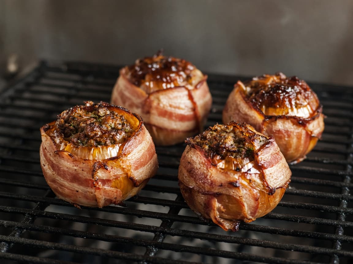 Bacon-wrapped smoked onion bombs skåret over