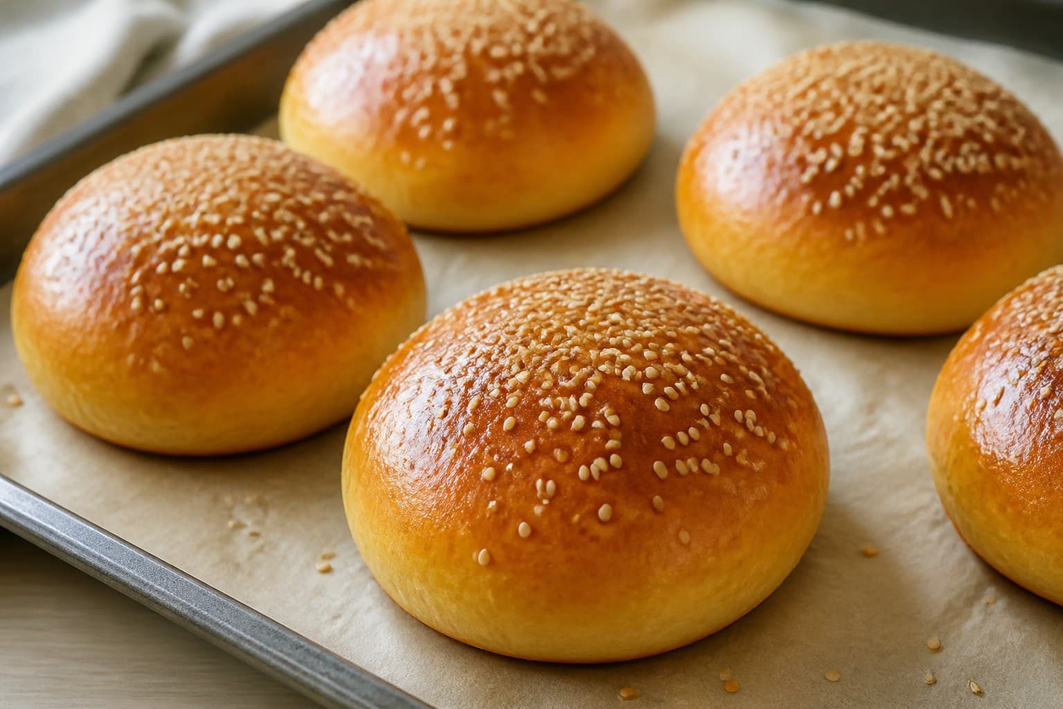 Gyldne brioche burgerboller med sesam