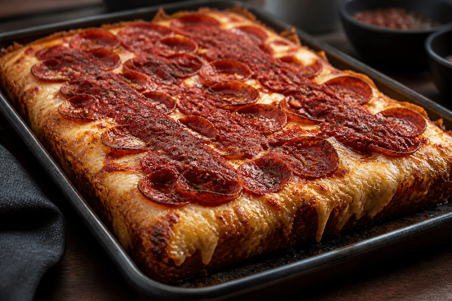 Detroit-style pizza med tykke oste-kanter
