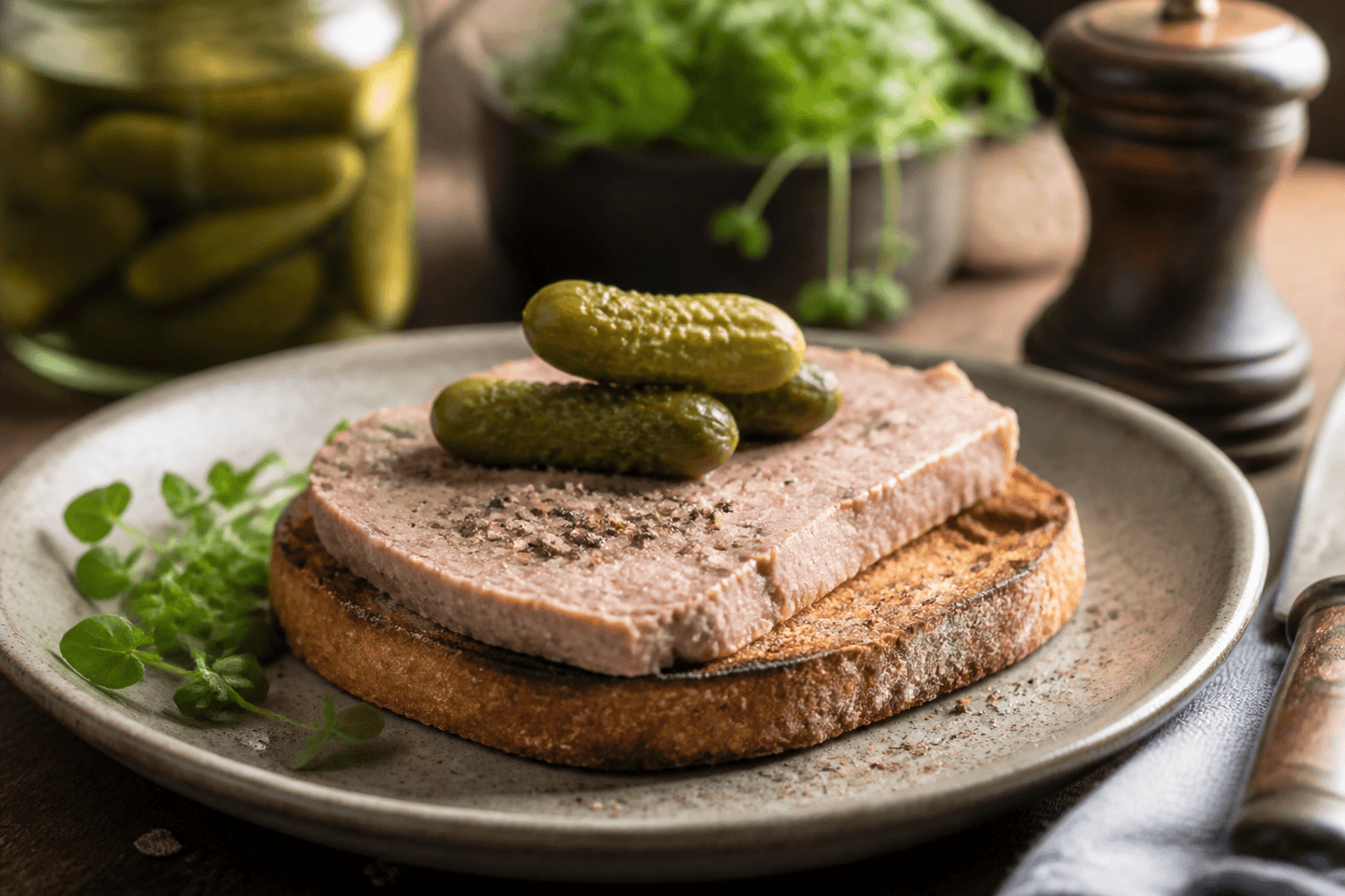 Fransk leverpostej på toast med cornichoner