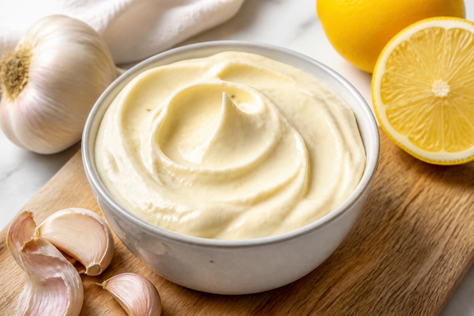 Hjemmelavet aioli i skål med hvidløg