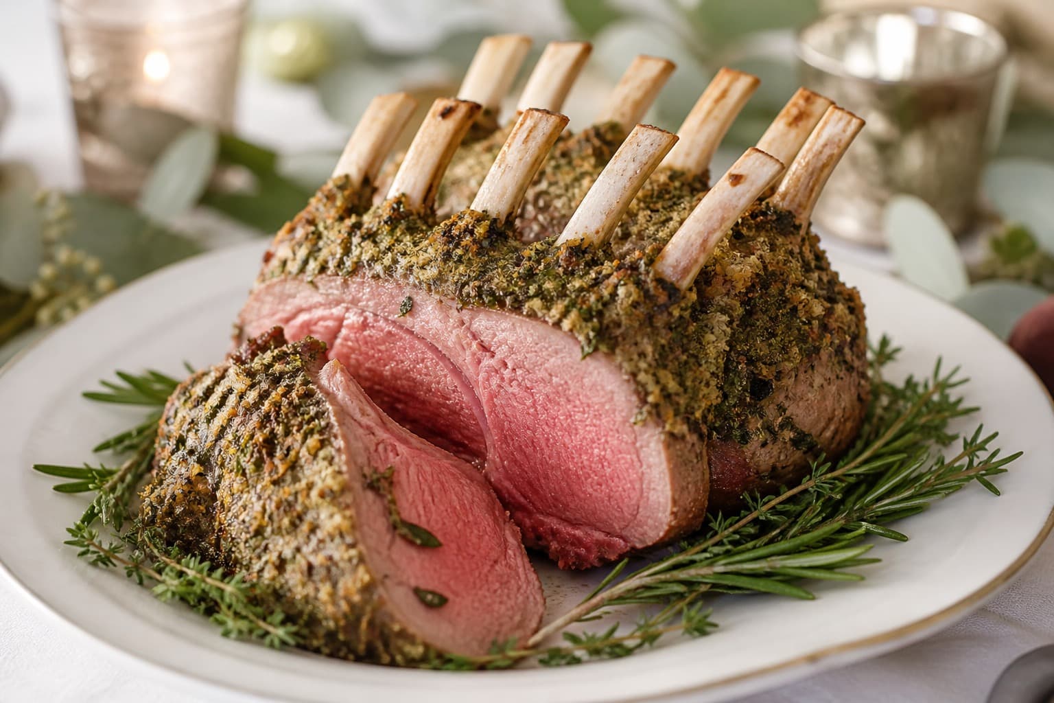 Lammekrone sous vide med urteskorpe og pink kød