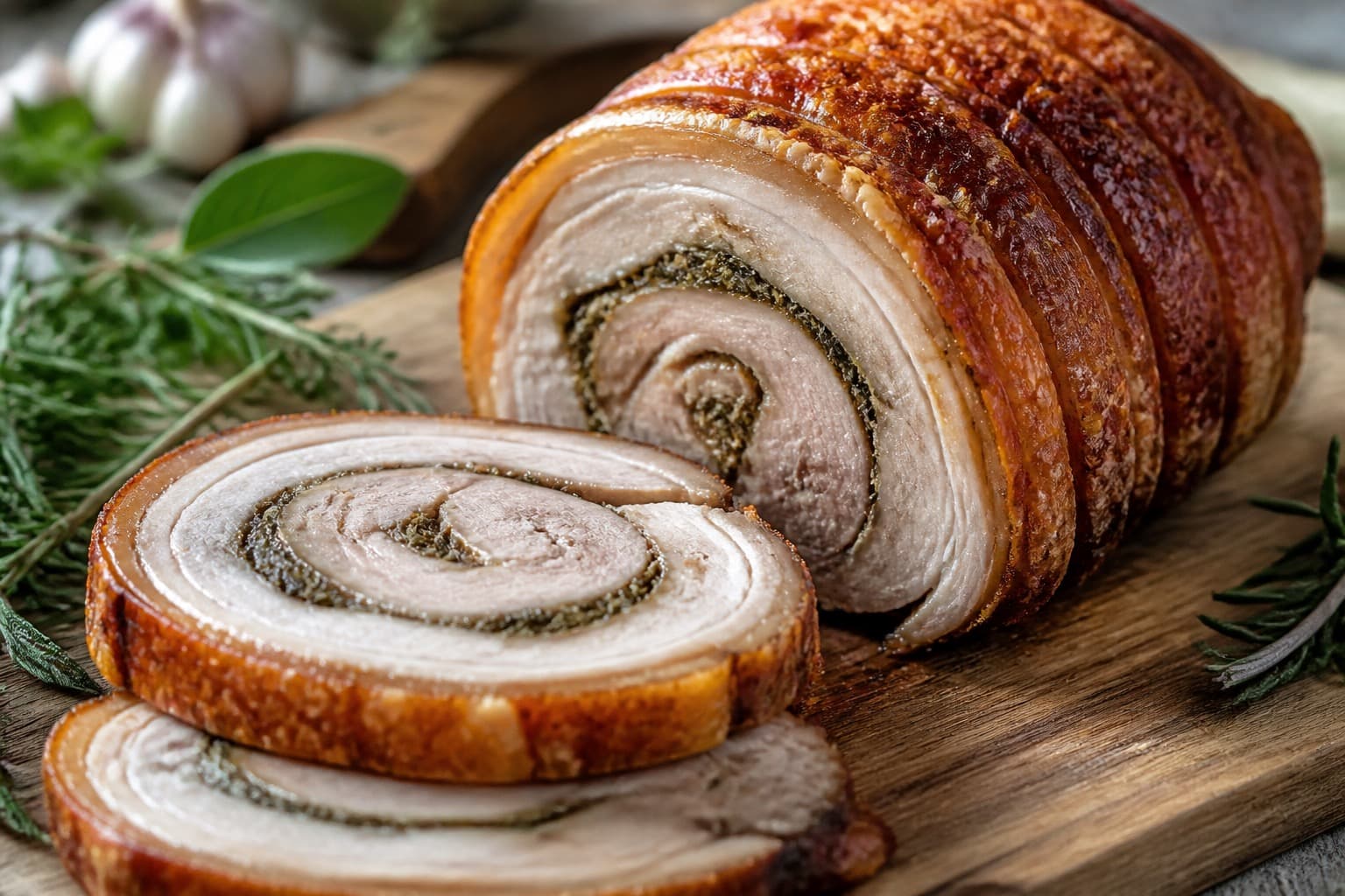 Porchetta sous vide skåret i skiver med urtefyld