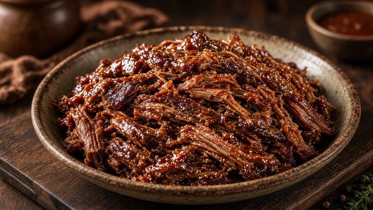 Pulled oksebryst sous vide trukket i saftige strenge med BBQ-sauce