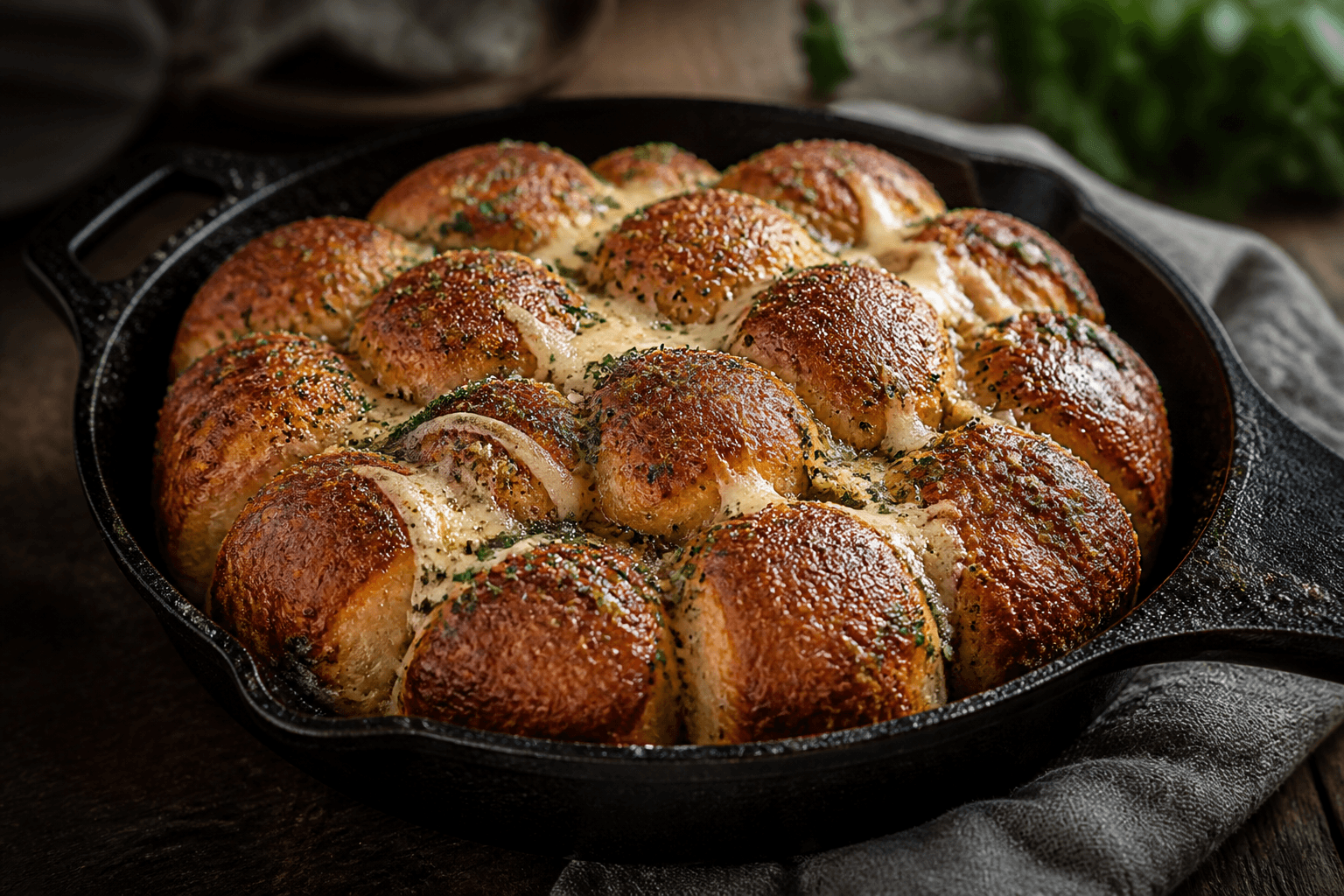 Brioche monkey bread med ost og kryddersmør i støbejernspande