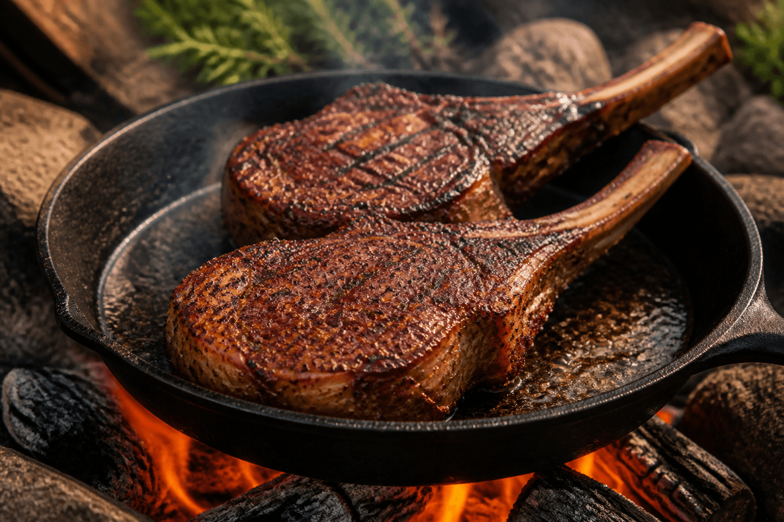 Tykke pork chops stegt i støbejern over bål