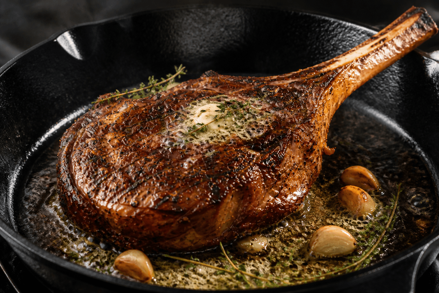 Ribeye steak i støbejernspande med smør, hvidløg og timian