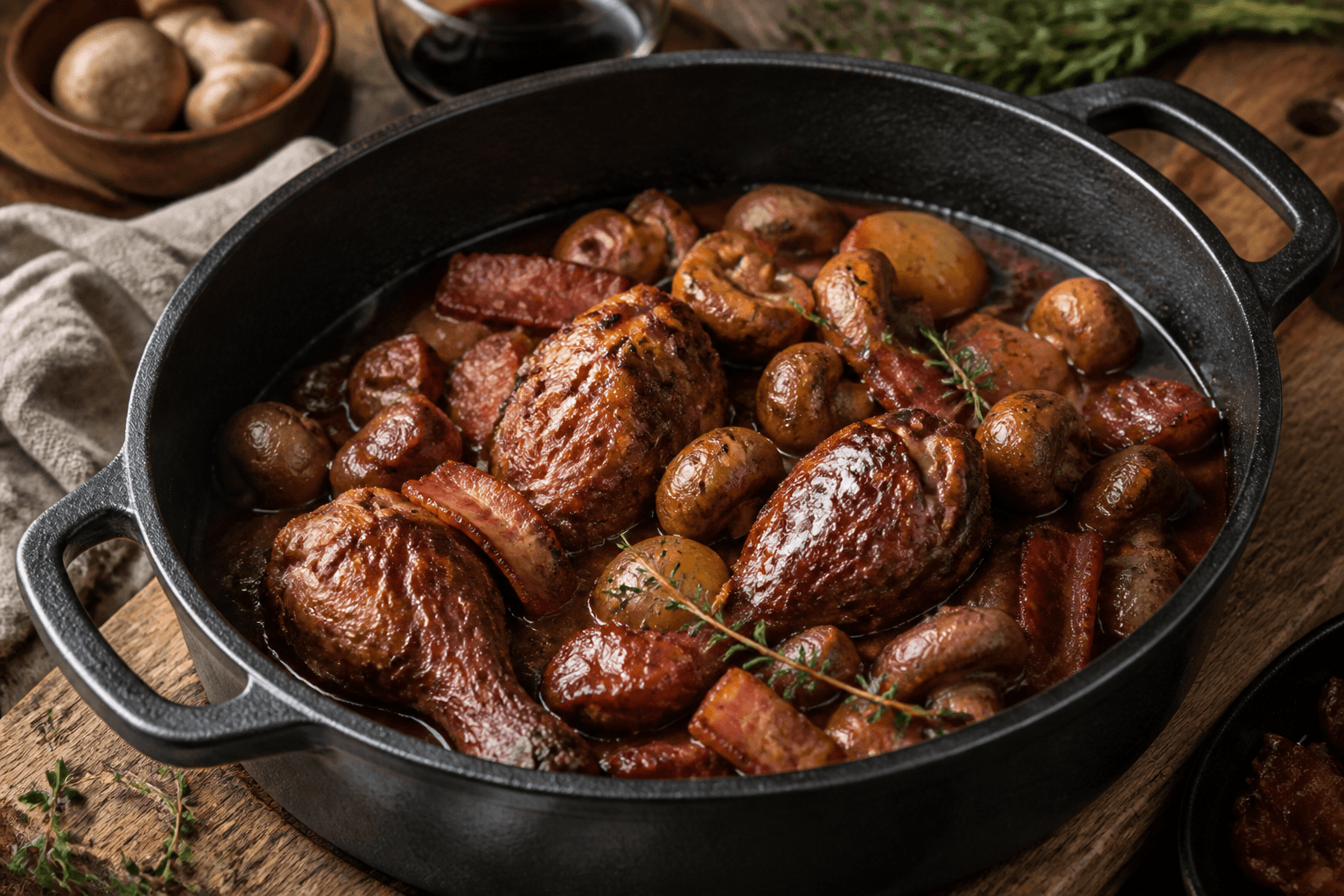 Coq au vin med champignon og bacon i støbejernsgryde