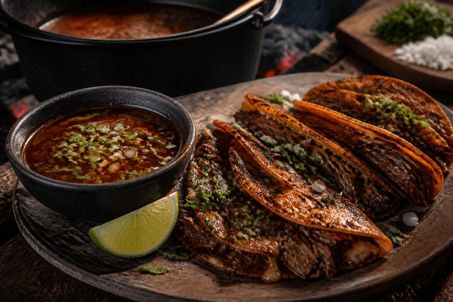 Sprøde birria tacos med consommé fra Dutch Oven