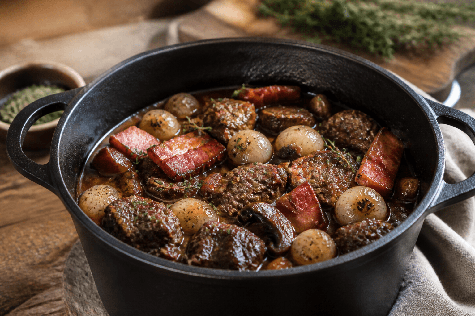 Boeuf bourguignon med perleløg og bacon i støbejernsgryde