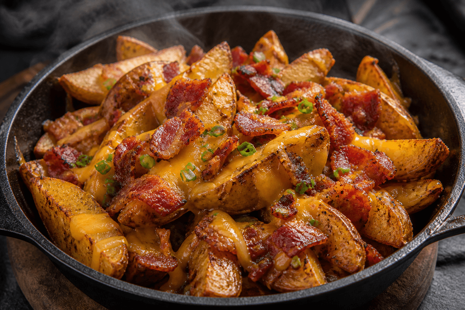 Loaded potato wedges med cheddar og bacon i støbejernspande