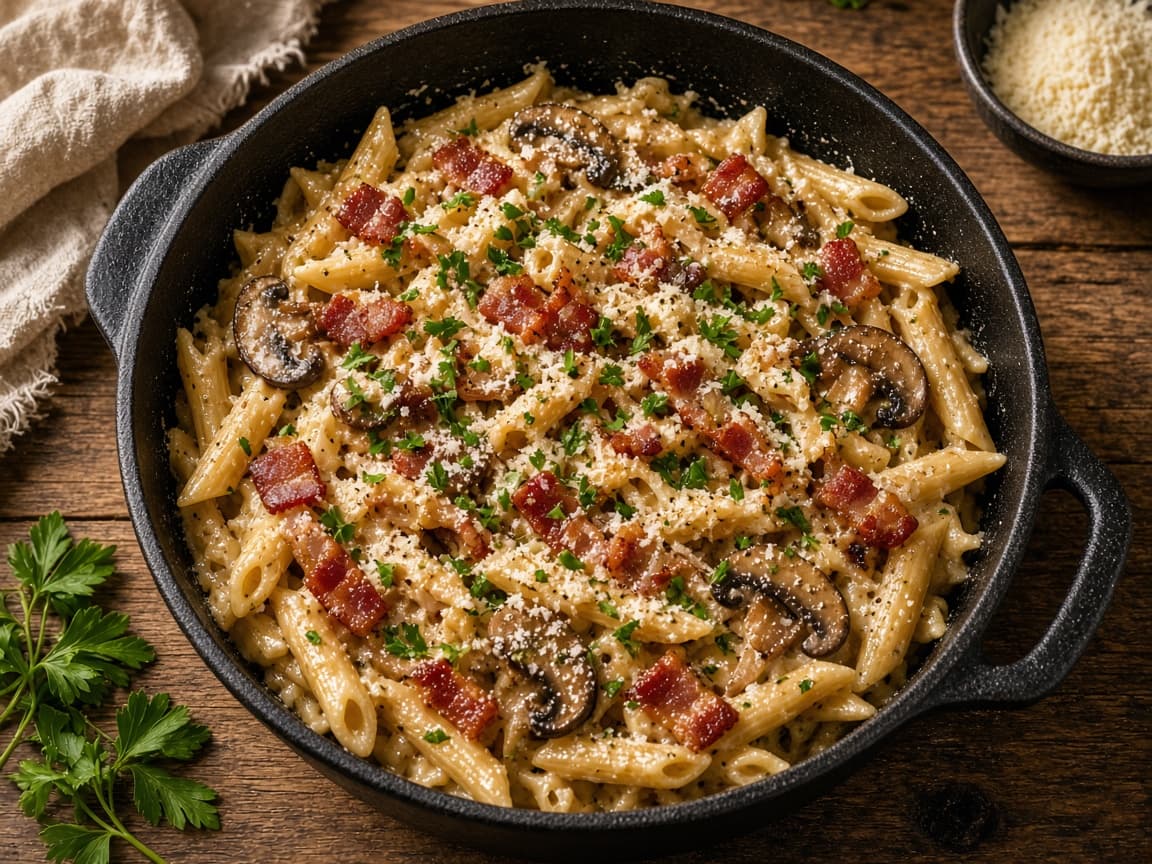 Cremet bacon- og svampepasta i støbejernsgryde
