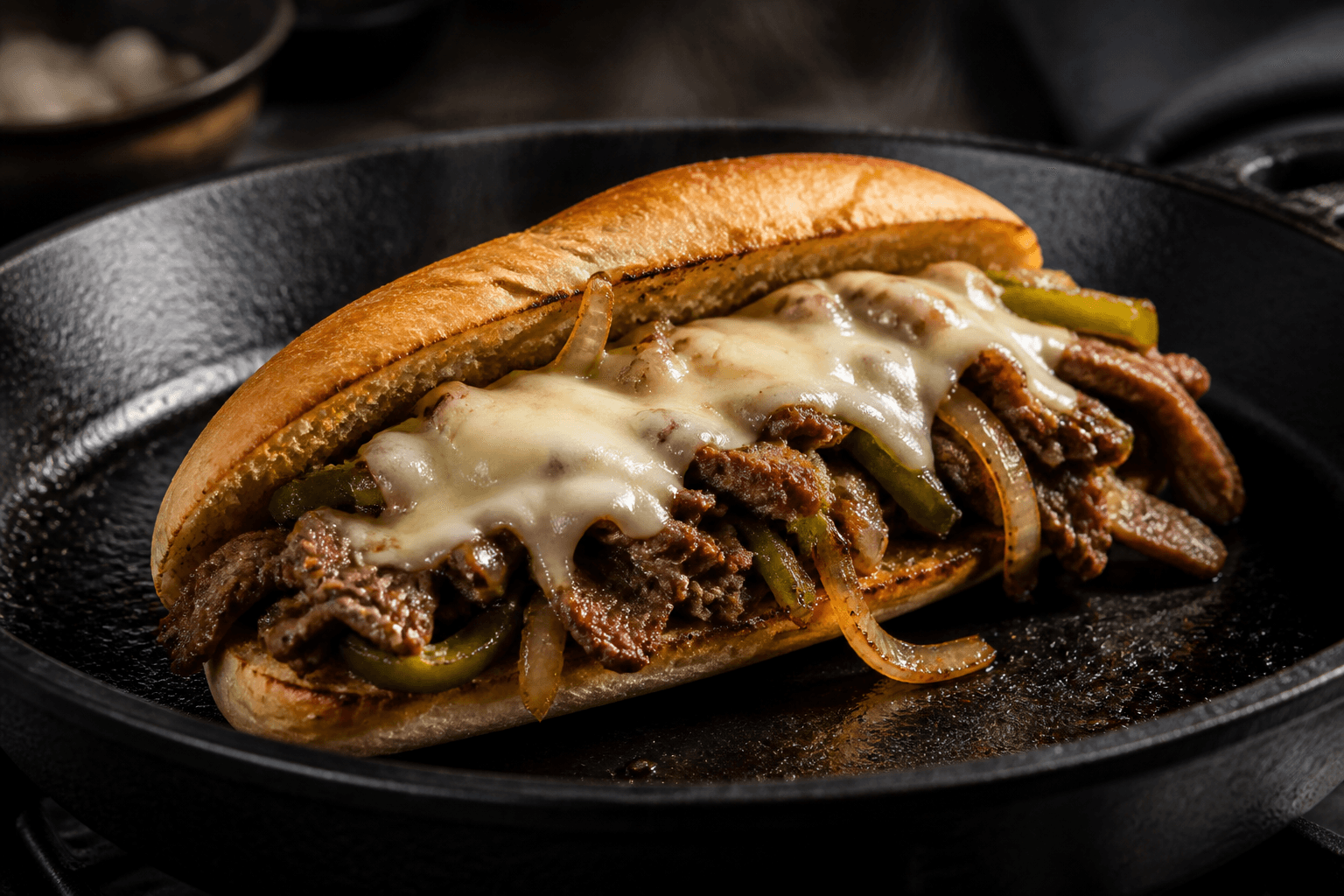 Philly cheesesteak med smeltet provolone i støbejernspande