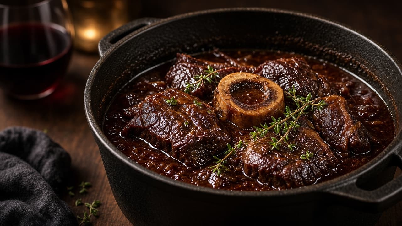 Rødvinsbraiseret spidsbryst med mørk sauce og oksemarv i støbejern