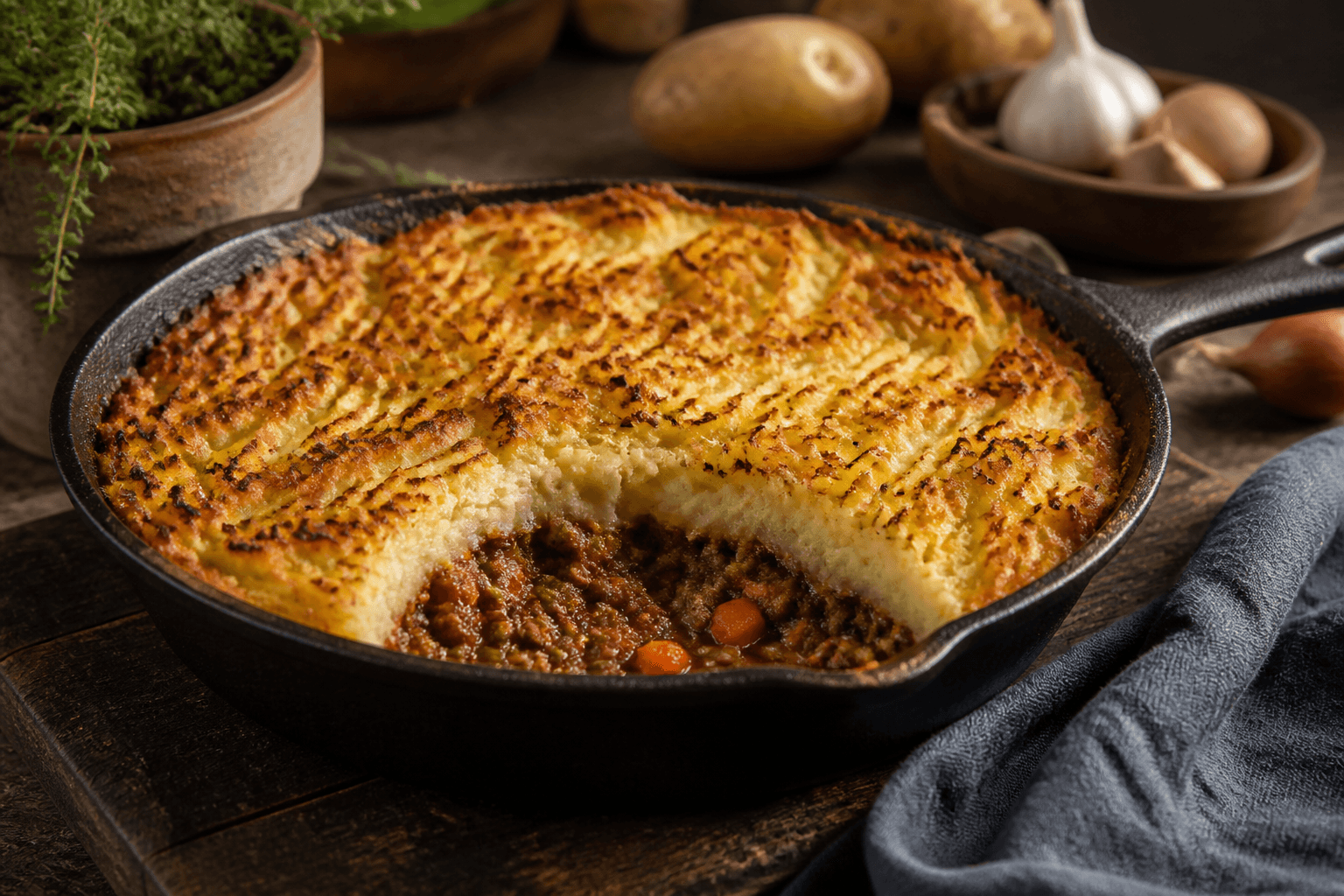 Shepherd's pie med gratineret kartoffelmos i støbejernspande