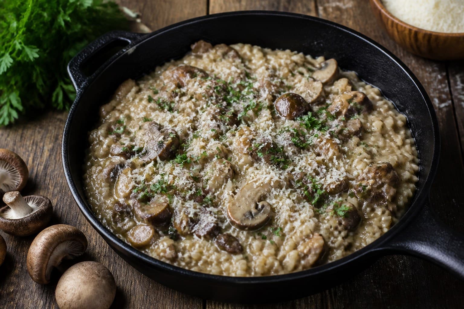 Svampe-risotto i støbejernspande med parmesan