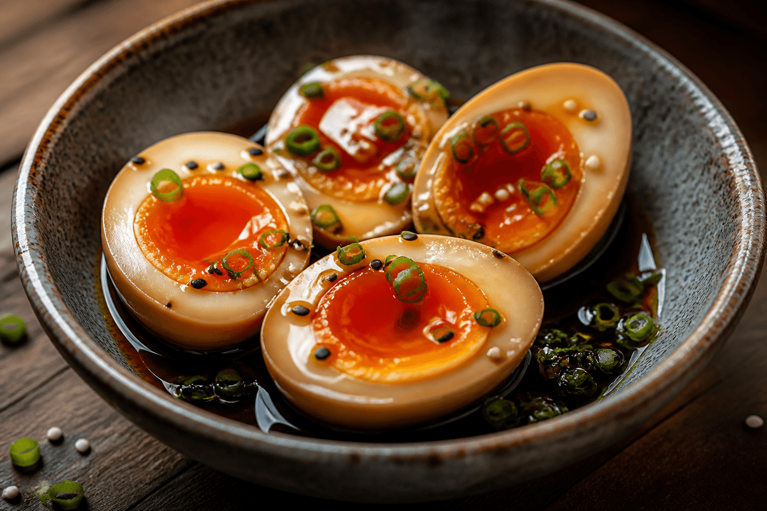 Halverede ramen-æg med blød blomme i sojalage