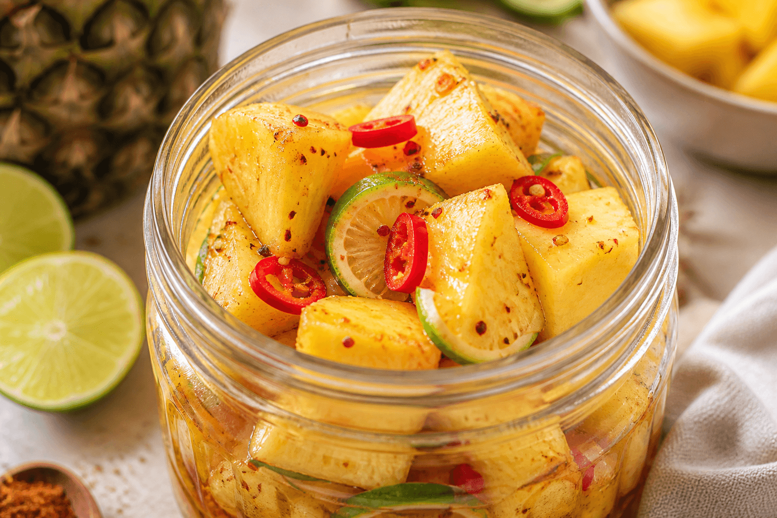Glas med syltet ananas med chili og lime