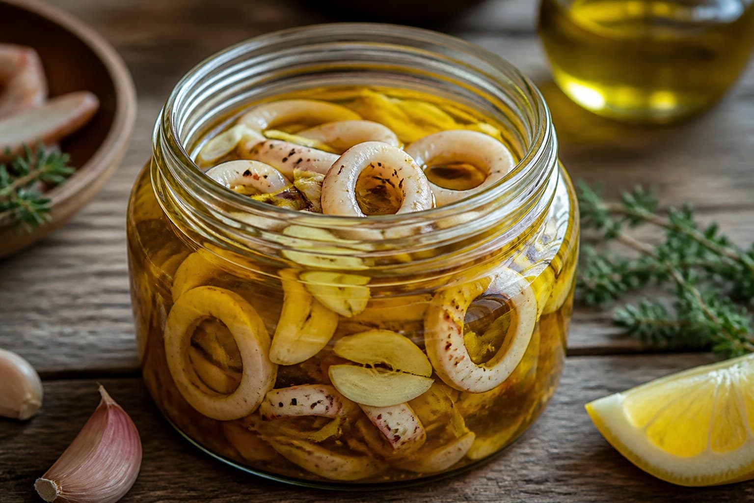 Glas med syltede blæksprutteringe i olie med hvidløg og citron