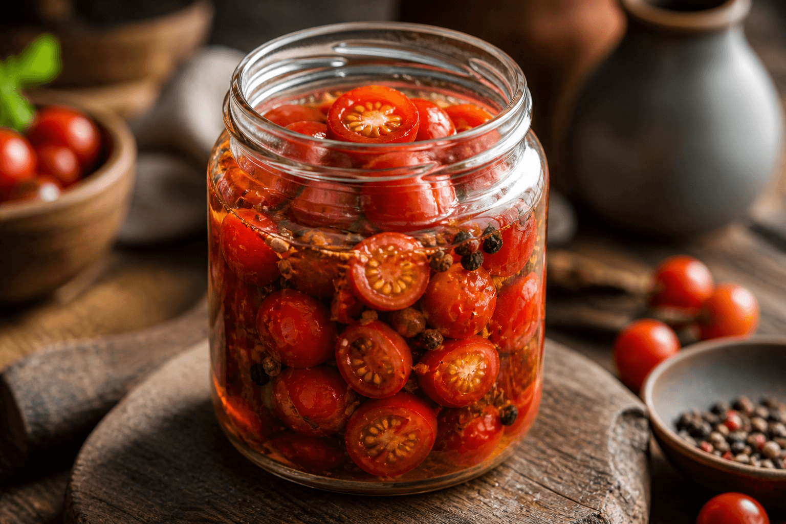 Glas med syltede cherrytomater i klar eddikelage