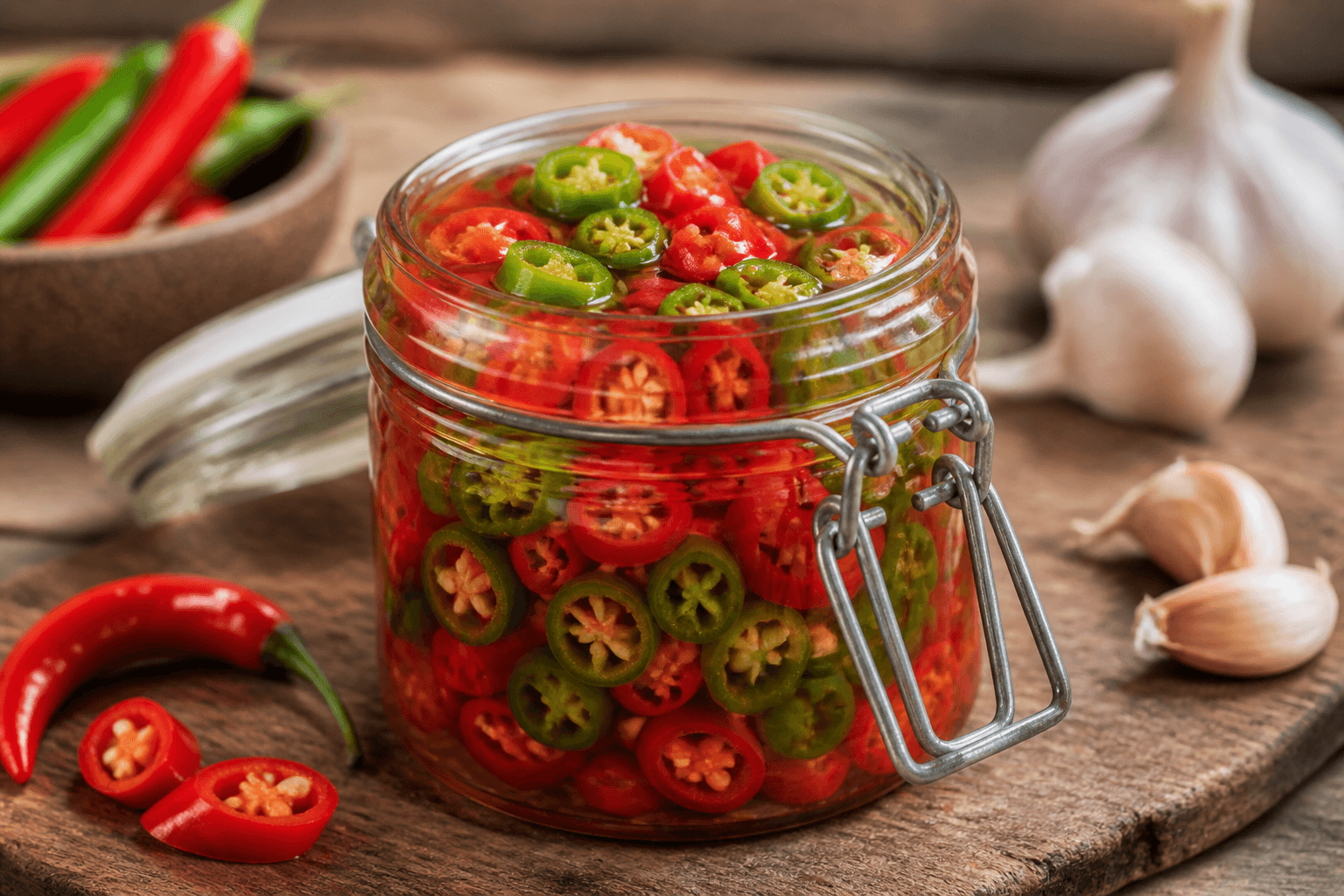Glas med syltede røde og grønne chili