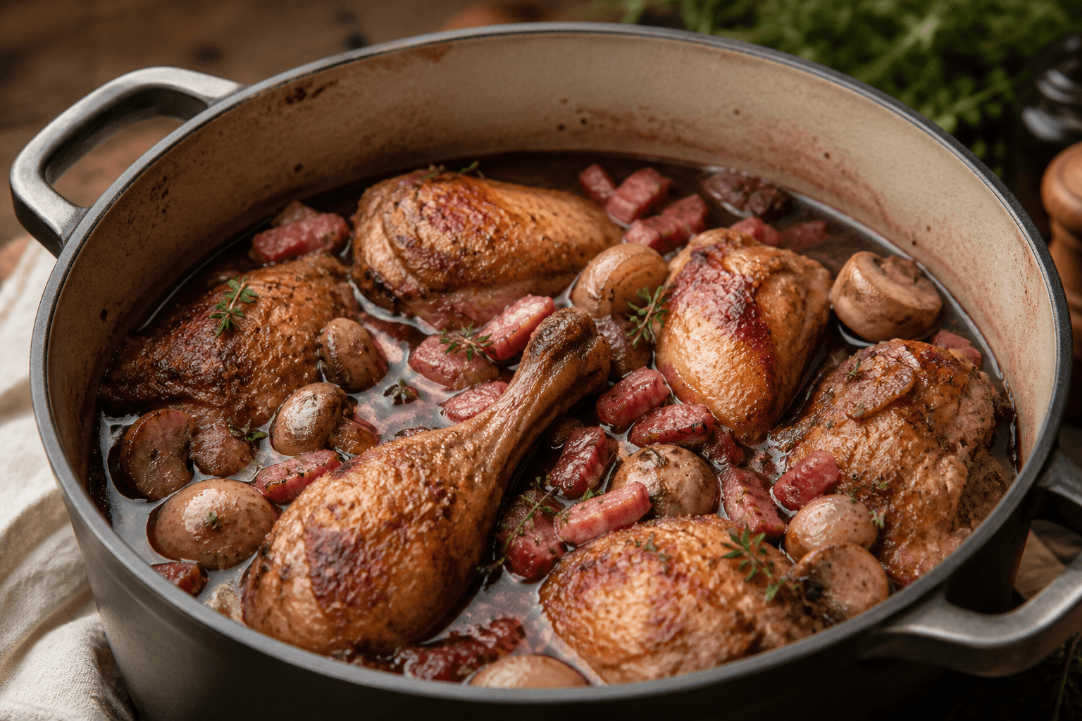 Coq au vin fra trykkoger med bacon og champignon