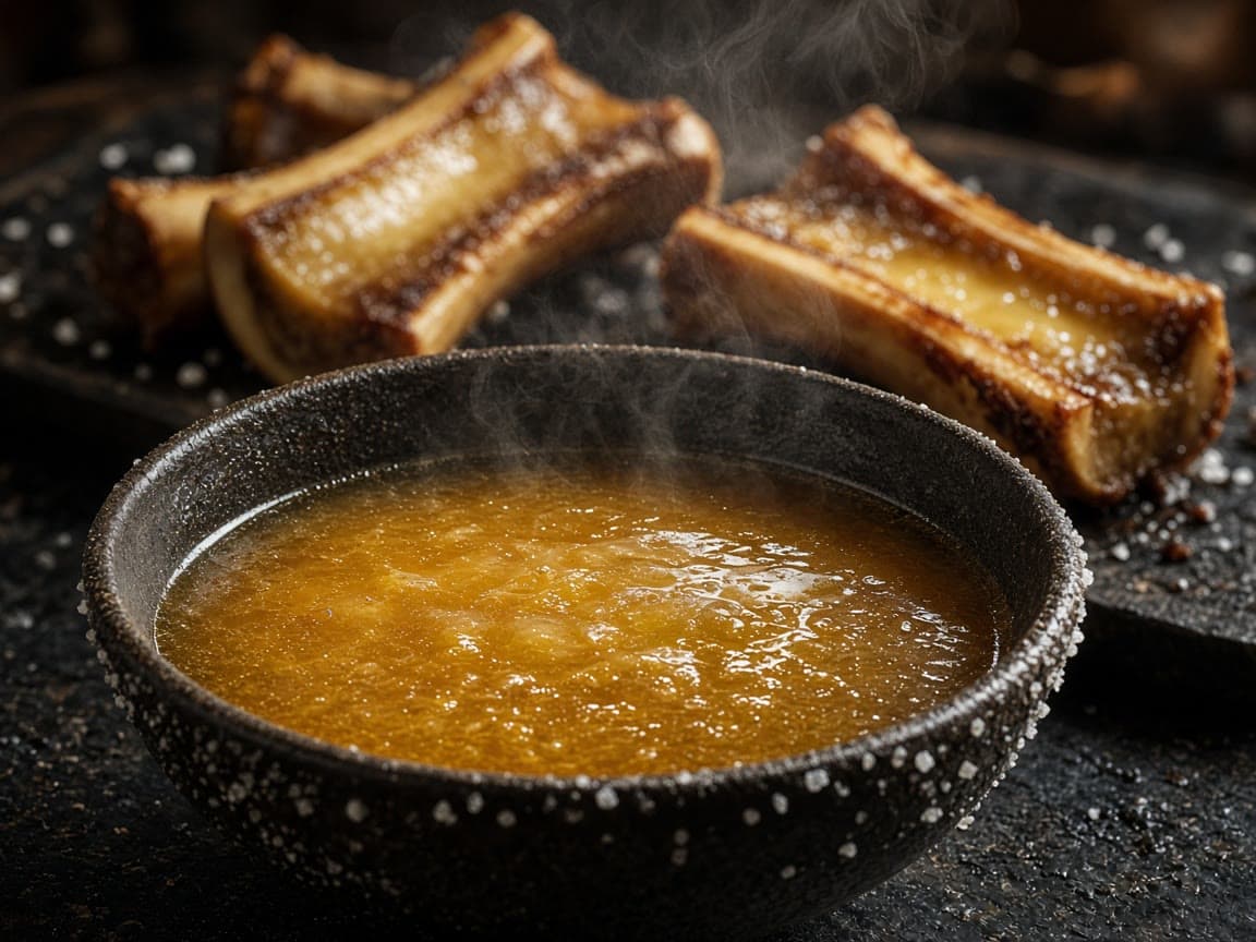 Gylden bone broth fra marvben i skål med groft havsalt