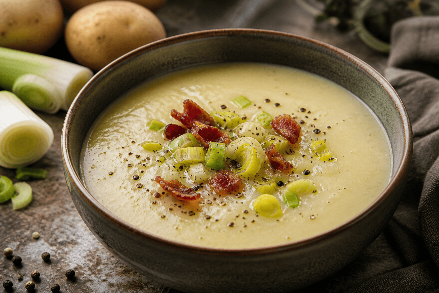 Cremet kartoffel-porresuppe fra trykkoger