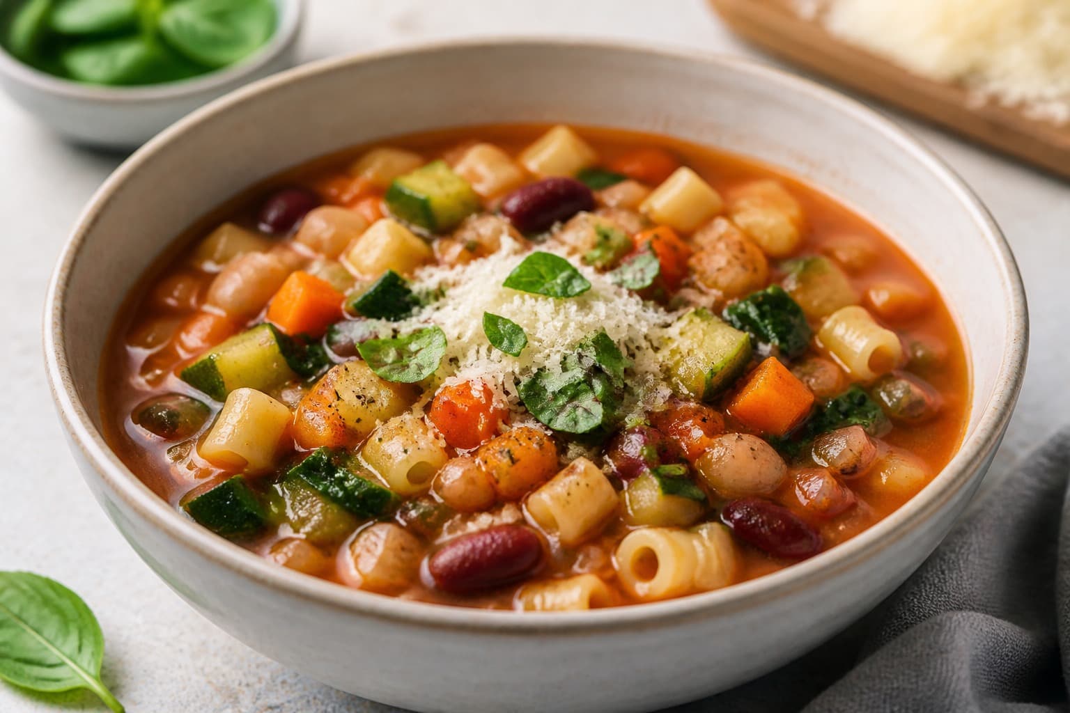Minestronesuppe fra trykkoger med grøntsager og pasta