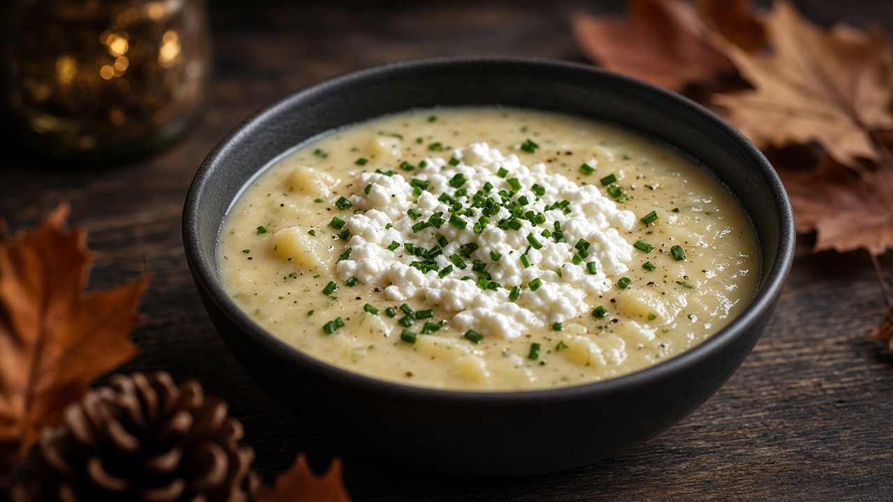 Kartoffelsuppe med kold hytteost-swirl